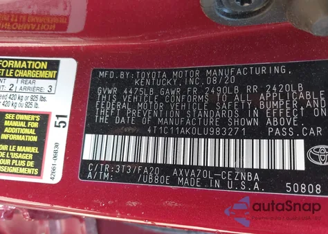 2020 Toyota Camry Le z USA, uszkodzony, nr VIN 4T1C11AK0LU983271